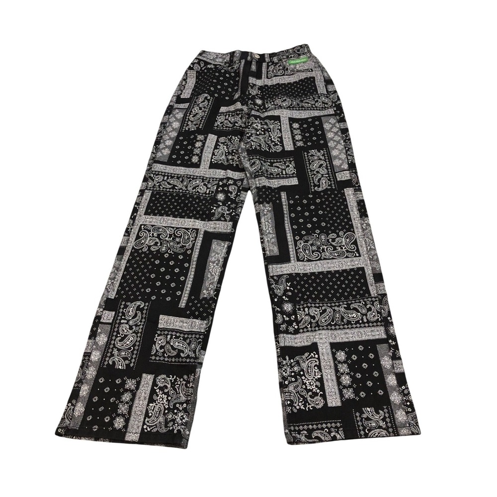 Chuu Bandana Print Pants Womens 26 Black White Paisley Patchwork Straight Leg
